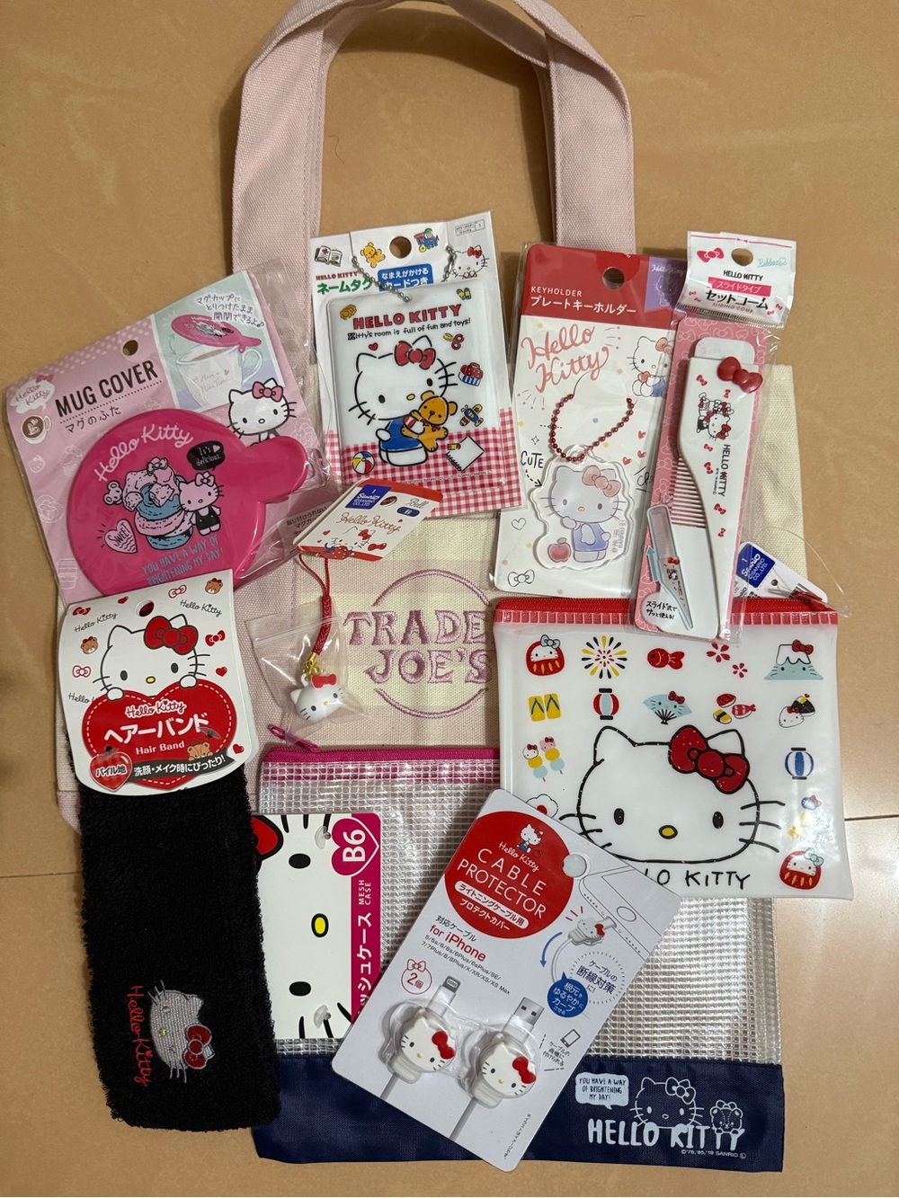 NWT Trader Joe's Pink & Cream Striped Tote Bag & Hello Kitty Bundle